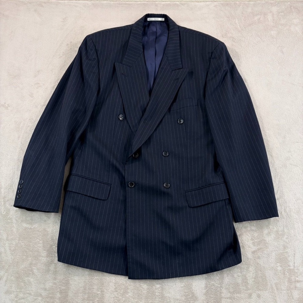 VTG HUGO BOSS Double Breasted Al Capone Catania Suit Blazer 46L Navy Striped USA